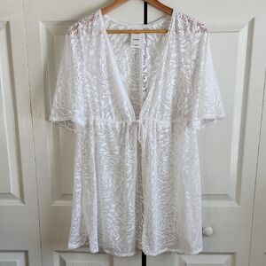 Catalina White Lace Swimsuit Coverup Size LG Tie Waist Bell Sleeves Boho Neutral